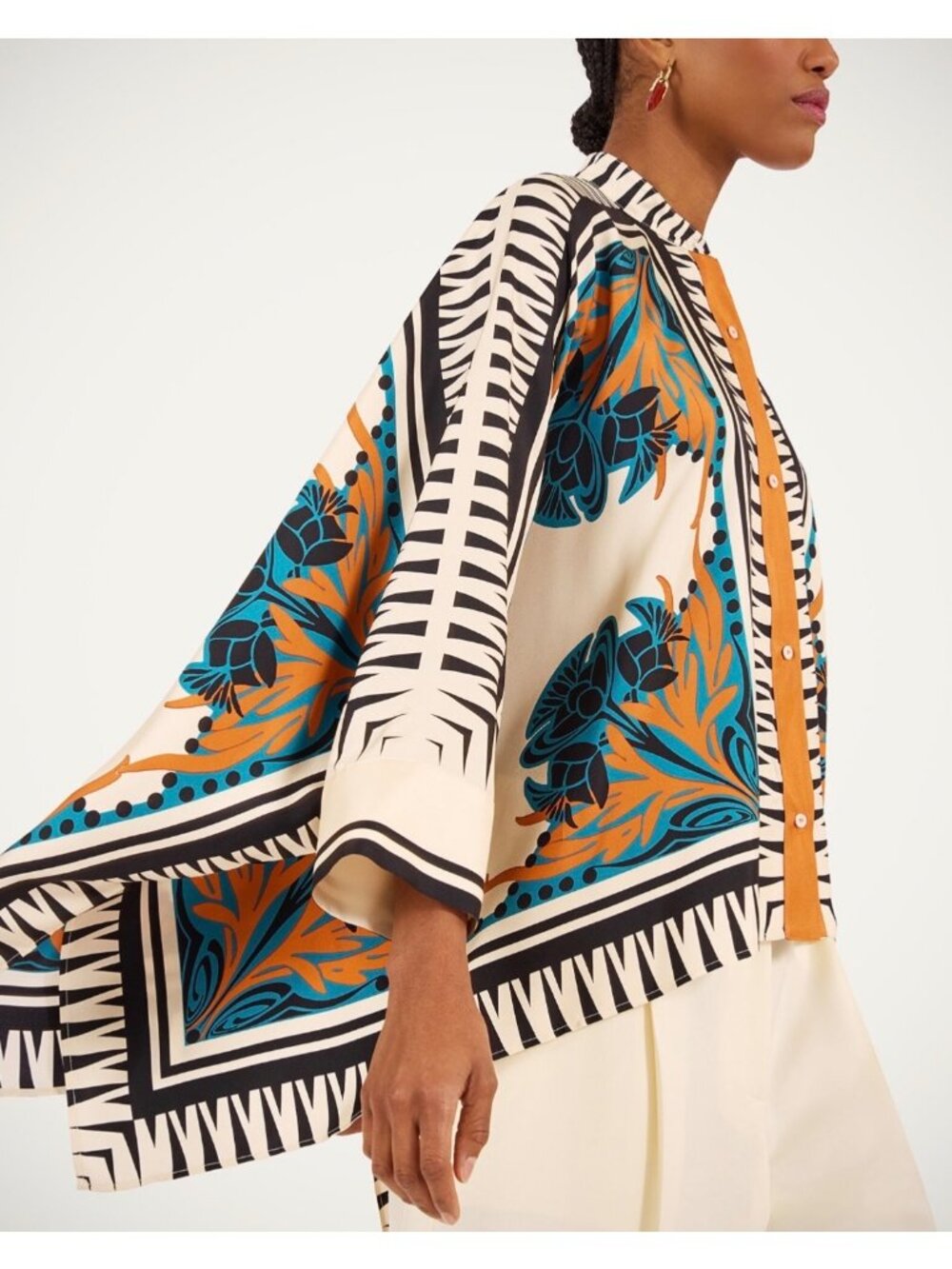 Floral Geometric Print Cape-Style Statement Blouse As Seen Emily in Paris Boho